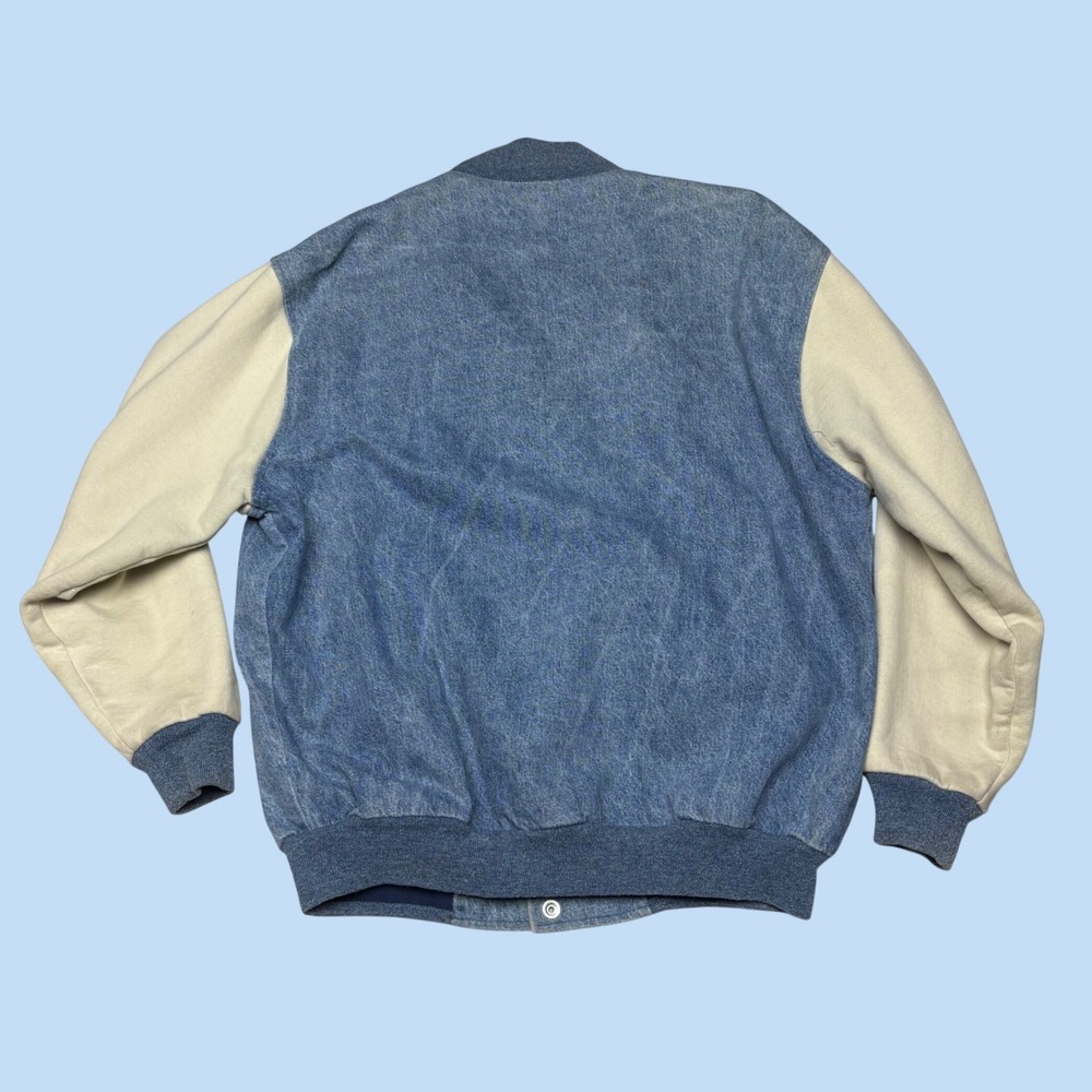 Vintage Nike Denim Varsity Jacket Blue Cream Mens Large Snap Front 90s Sport - Picture 2 of 7